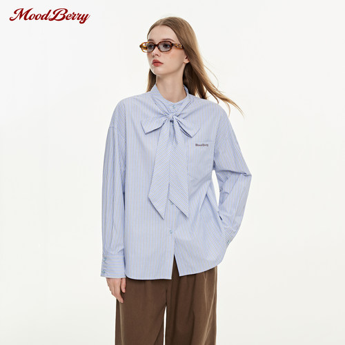 MoodBerry 美式复古学院风领带衬衫女秋季新款条纹撞色宽松衬衣服
