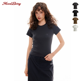 MoodBerry美式复古修身短款正肩T恤女夏季纯色基础款百搭短袖上衣