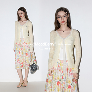 MoodBerry 美式复古黄色针织罩衫外套女夏季花边百搭休闲长袖上衣