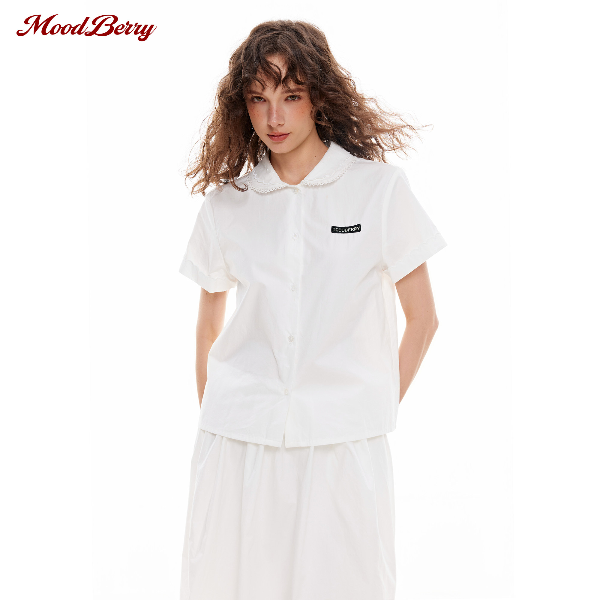 MoodBerry美式学院风花边短袖衬衫女夏季A字半身裙套装衬衣两件套图片