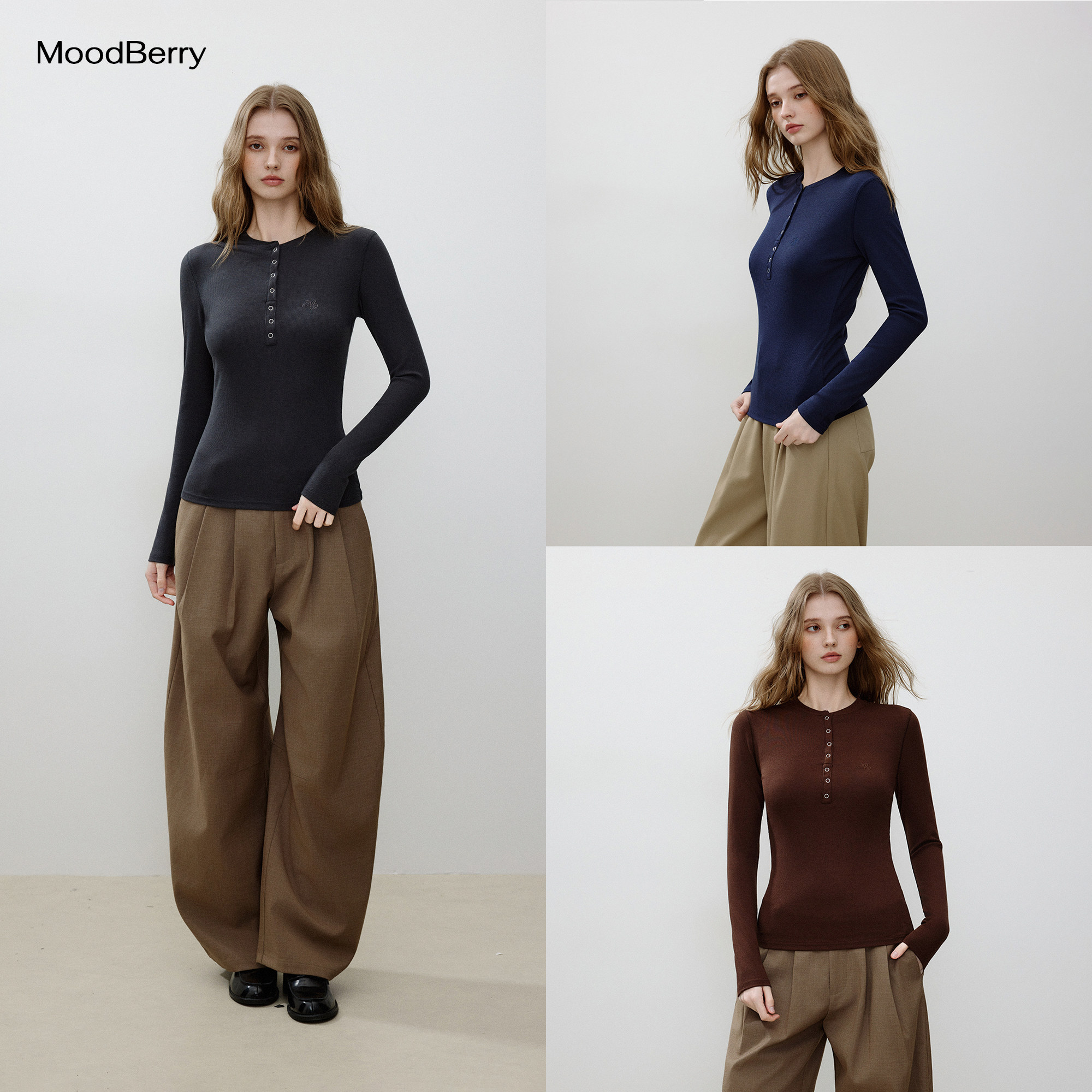 MoodBerry美式复古亨利领长袖T恤女秋季辣妹修身打底衫内搭上衣服图片