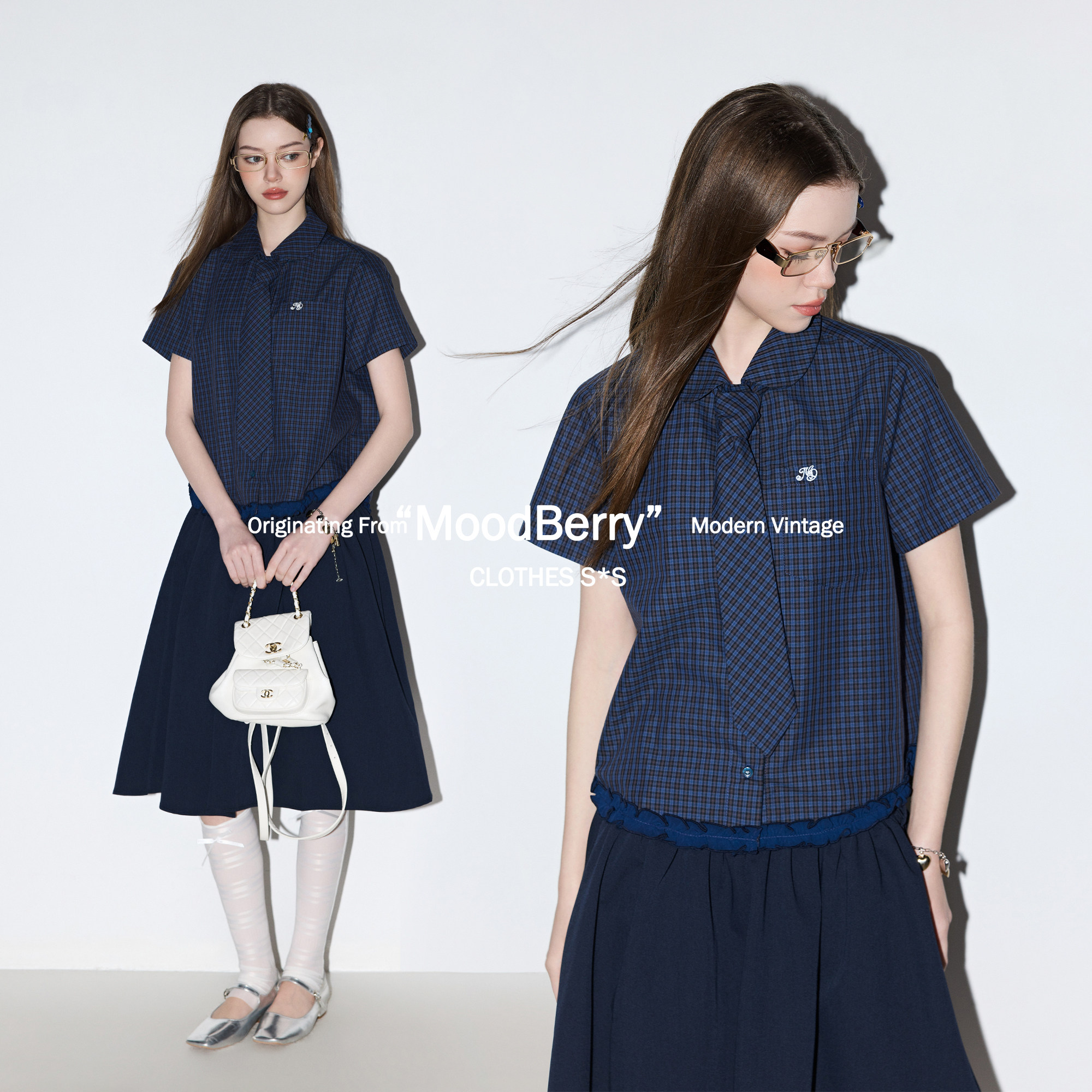 MoodBerry美式复古格纹花边短袖领带衬衫女夏季休闲百搭款上衣T恤图片