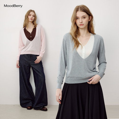 MoodBerry 美式复古羊毛混纺假两件针织衫女秋季宽松休闲百搭上衣