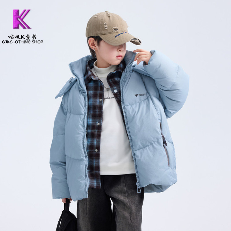 GUJIK男童90白鸭绒羽绒服假两件外套2025新款中大童保暖面包服潮