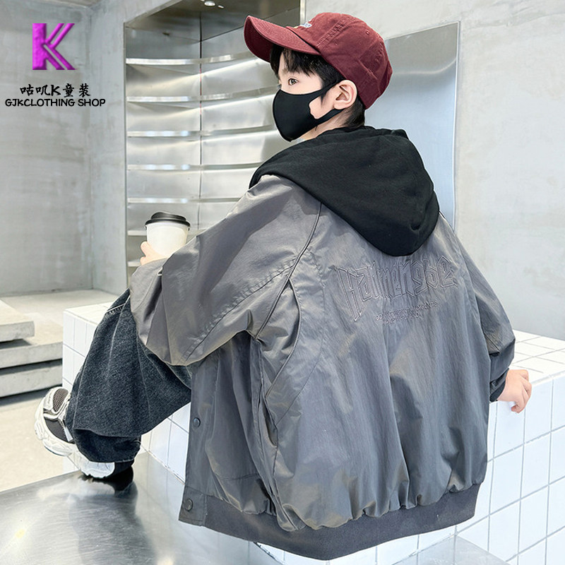 GUJIK男童洋气时髦刺绣假两件外套春款2026新中大童棒球服夹克衫