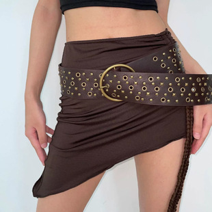 新款波米西亚女士宽腰带古铜色铆钉时尚复古装饰腰封连衣裙短裙