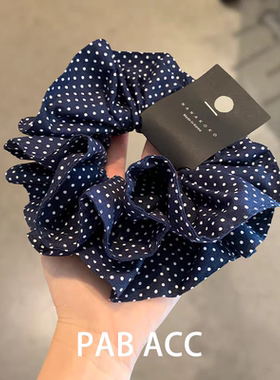 韩国复古藏蓝色双层波点发圈少女学院风显白丸子头扎马尾头花皮筋