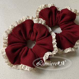 韩式 温柔气质高级酒红针织毛线米白蕾丝花边大肠发圈新年红头花女
