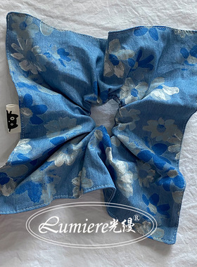 小众油画感莫奈花朵蓝色方巾森系少女手作纯棉马尾发绳新款发圈女