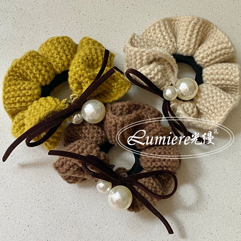 韩国轻奢高亮珍珠蝴蝶结毛线发圈复古高级感小众ins低马尾发绳女