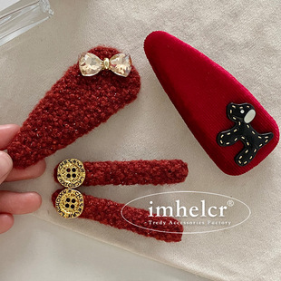 公主感水钻蝴蝶结正红色毛呢发夹可爱金属小纽扣一字夹狗狗弹簧夹
