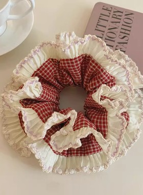 ins博主同款绝美法式小众白色红边双层花边大肠发圈头绳少女发饰