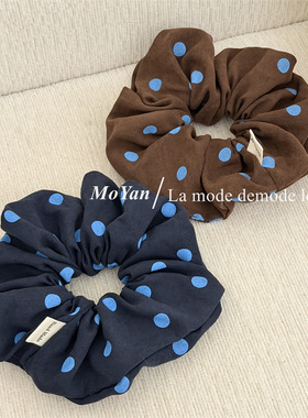 韩系蓝色波点大肠发圈女高级感丸子头发绳扎头发百搭头绳新款头花