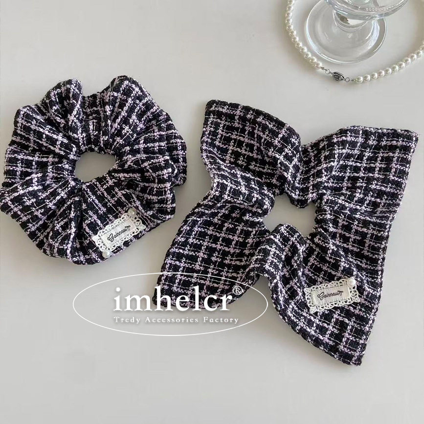 韩国洋气紫黑格小香风珍珠方巾大肠发圈气质千金感发绳秋冬新款女