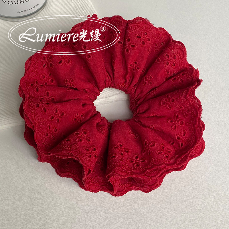 超绝氛围感微醺红纯棉布艺镂空四层大肠发圈气质酒红头花丸子头绳