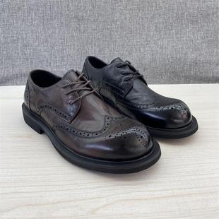 2024春秋英伦风时尚休闲大头皮鞋系带青年头层牛皮布洛克正装男鞋
