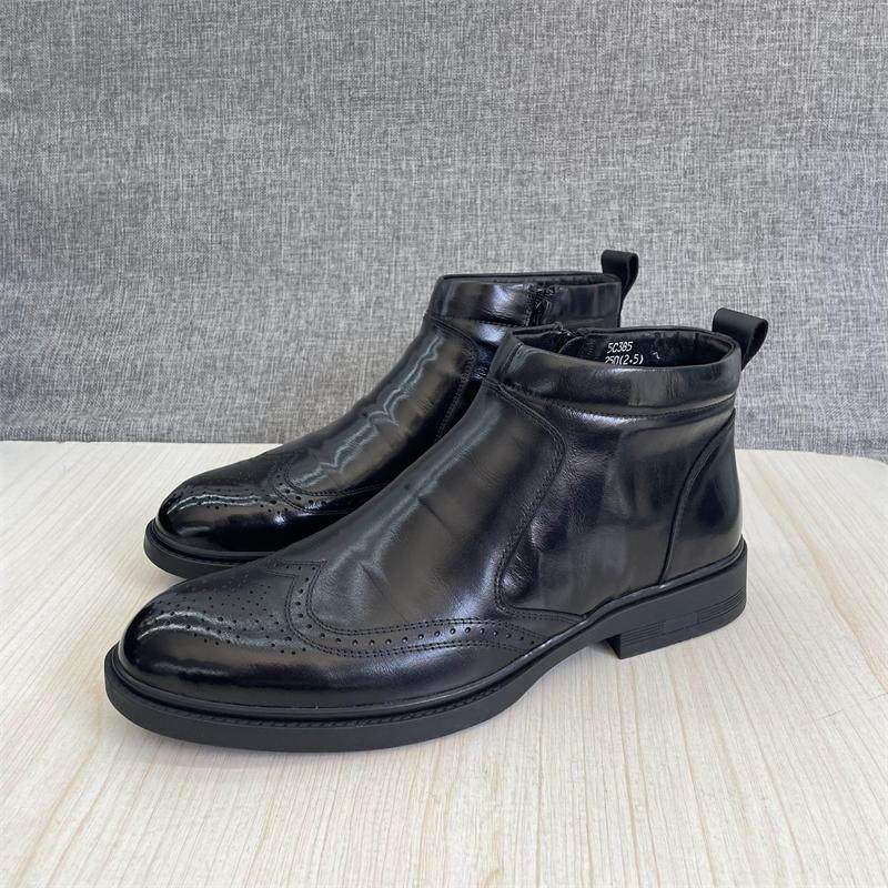 切尔西靴2024秋冬新款头层牛皮布洛克压花侧拉链短筒英伦真皮男靴