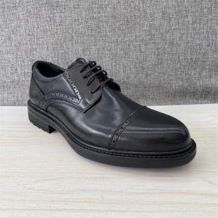 系带尖头商务黑色英伦男鞋 2023春秋新款 头层牛皮双接头雕花男皮鞋