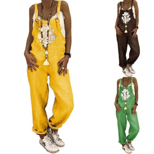 热卖Ebay亚马逊wish女装连体裤外贸 印花大码麻棉背带裤 现货