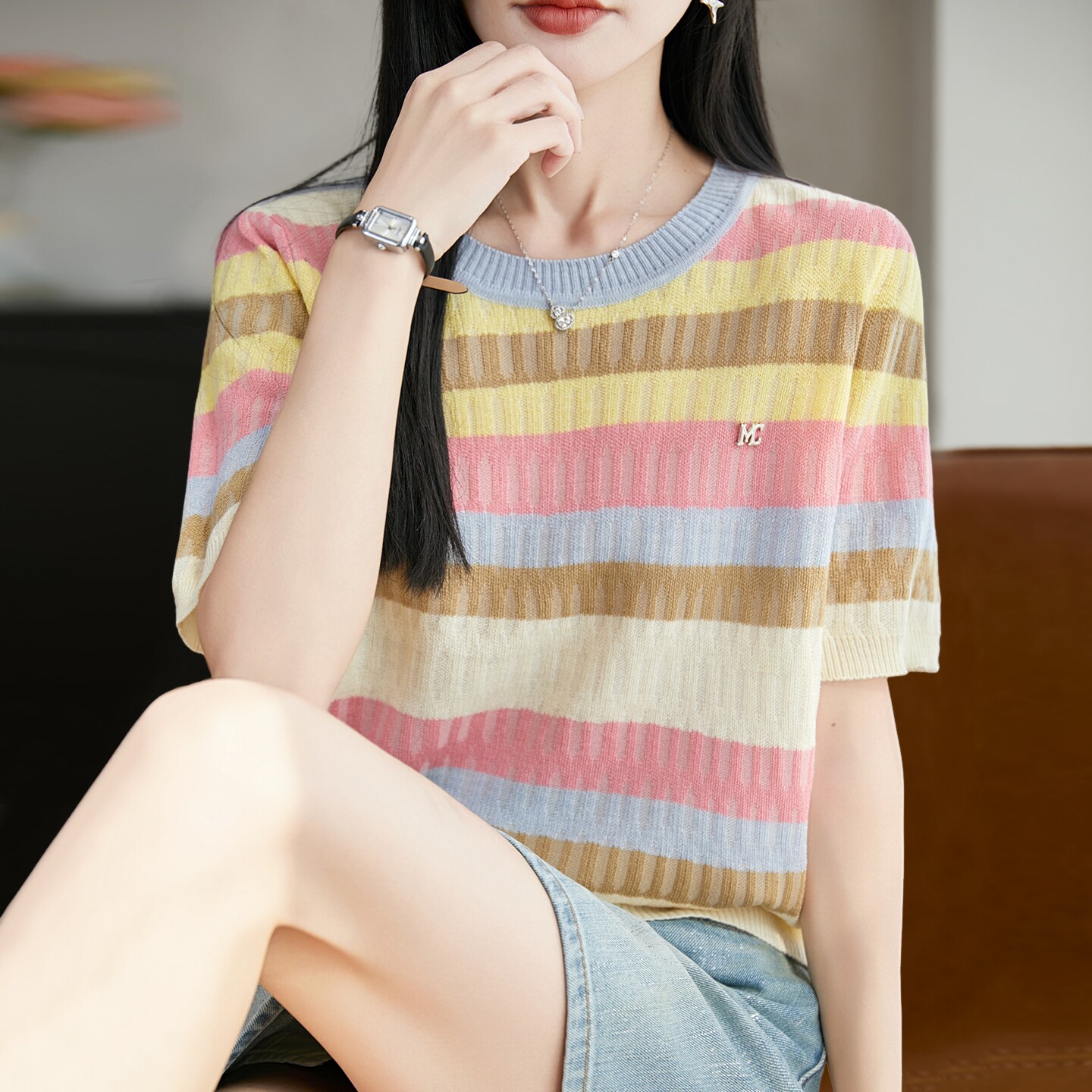 拉夏贝尔 条纹撞色针织短袖t恤女夏季薄款冰丝针织衫大码女装上衣