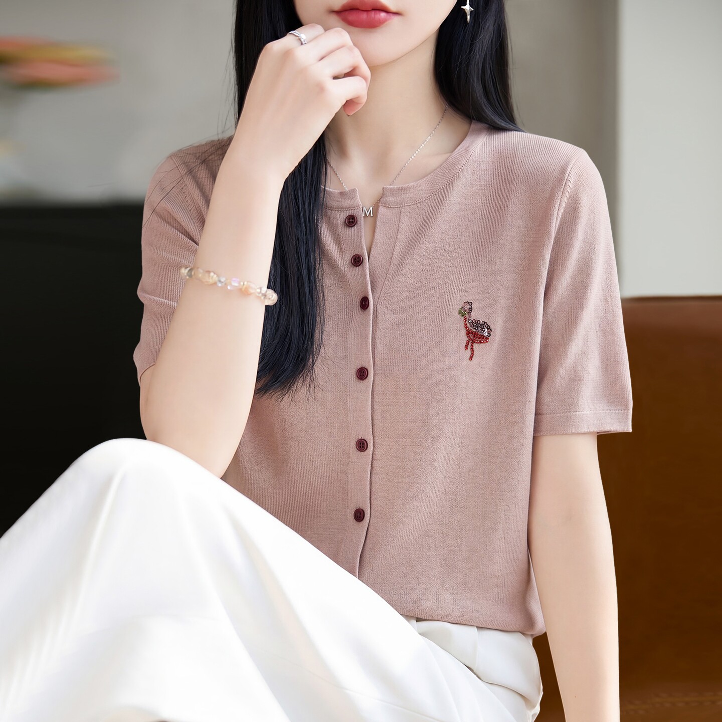 夏季短袖连帽纯色t恤女薄款冰丝针织衫洋气大码女装上衣