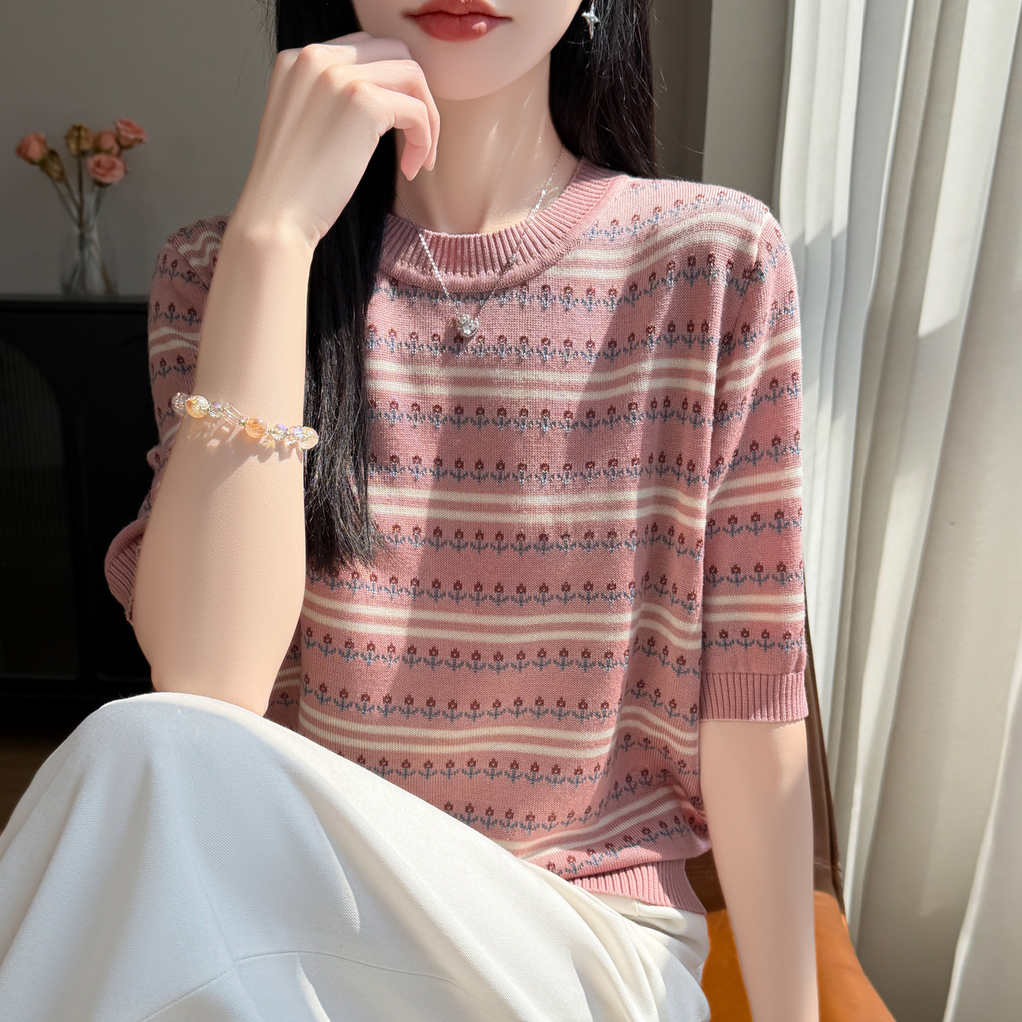 条纹提花针织短袖t恤女夏季薄款冰丝针织衫大码女装上衣