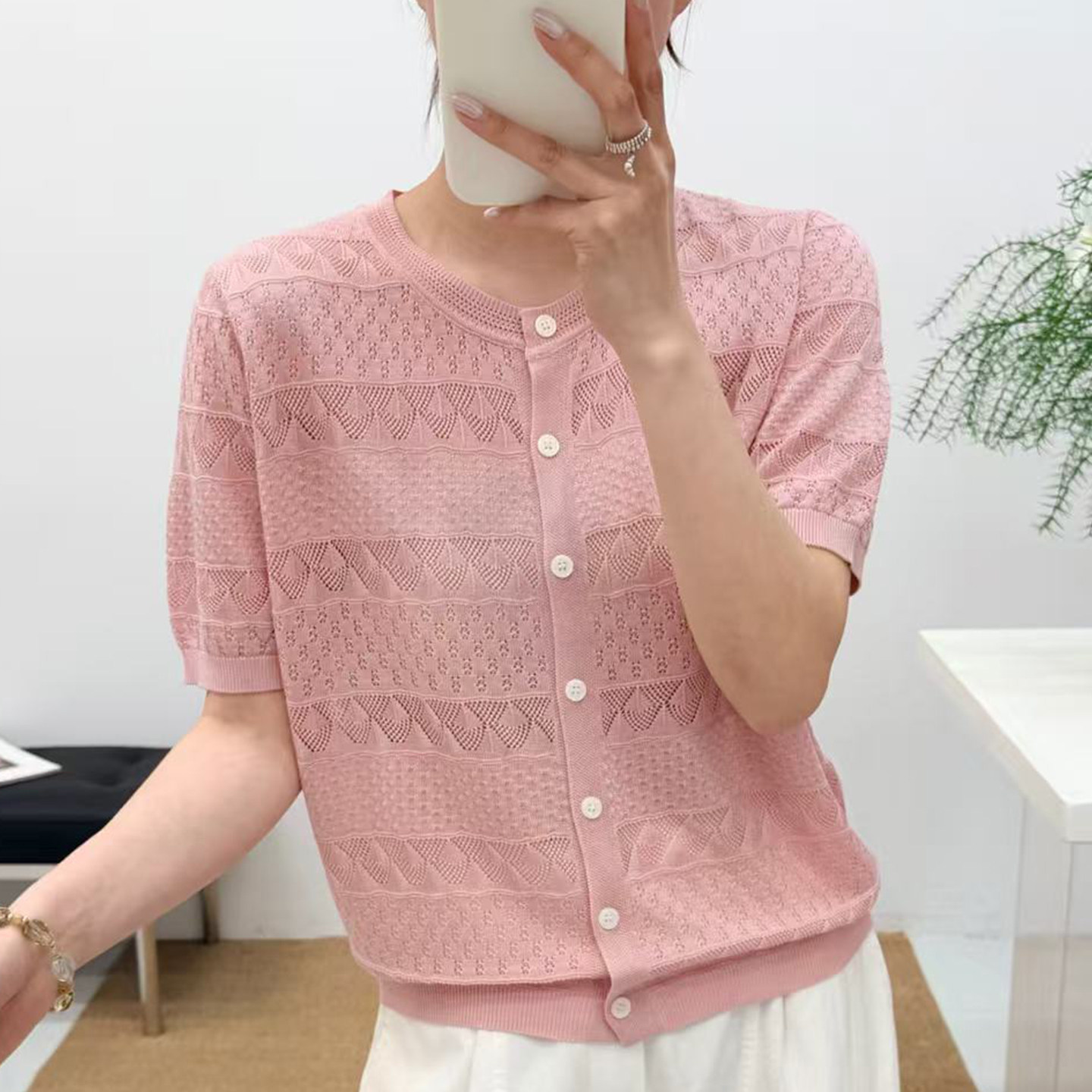 拉夏贝尔 蕾丝镂空针织短袖t恤女夏季薄款冰丝针织衫大码女装上衣