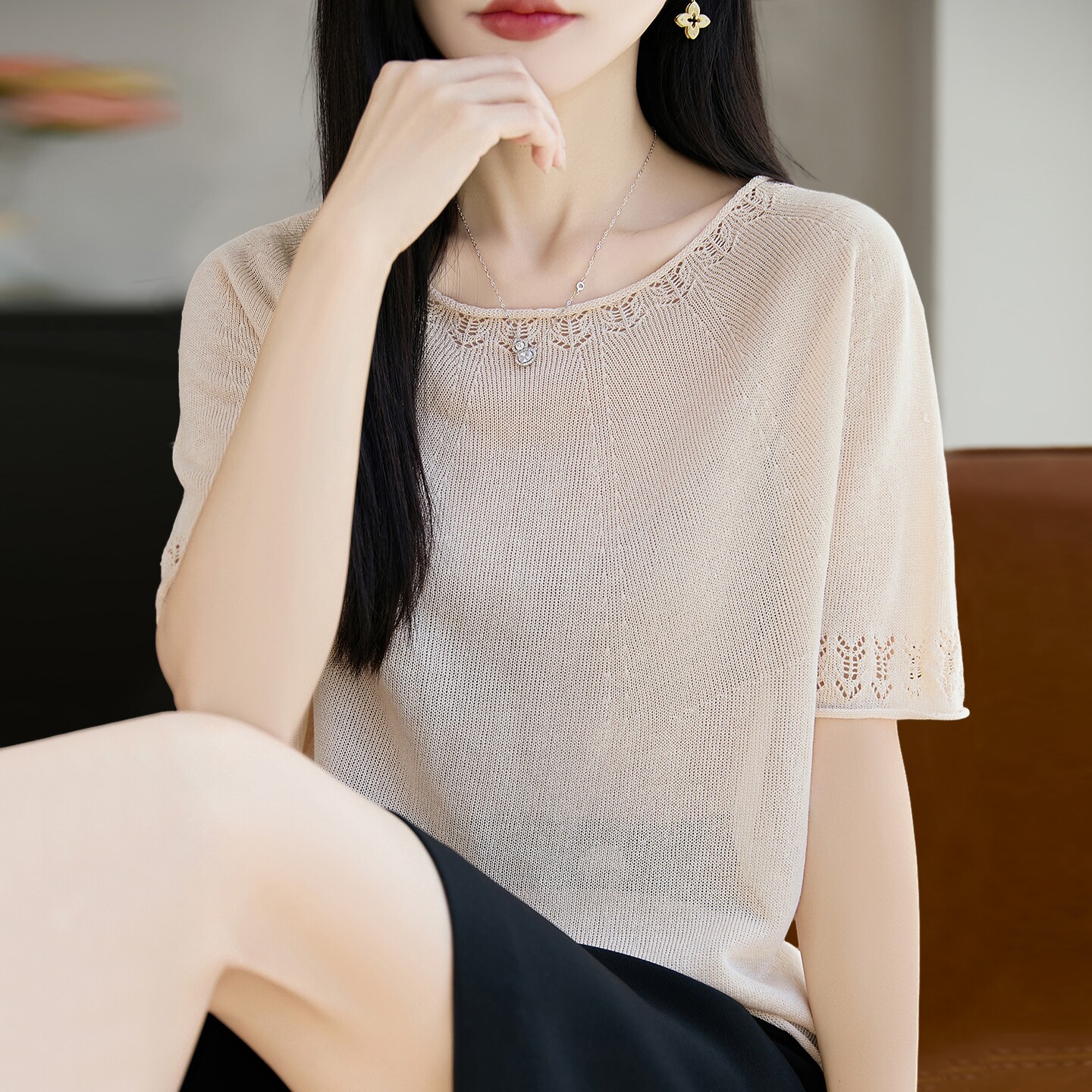 镂空时尚针织短袖t恤女夏季薄款冰丝针织衫大码女装上衣