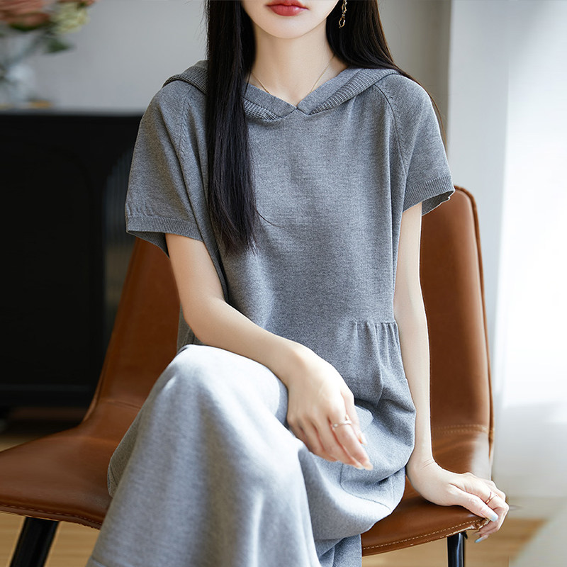 长款半袖帽衫裙子女夏季连衣裙洋气大码女装冰丝针织上衣
