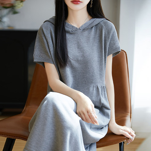 长款半袖帽衫裙子女夏季连衣裙洋气大码女装冰丝针织上衣