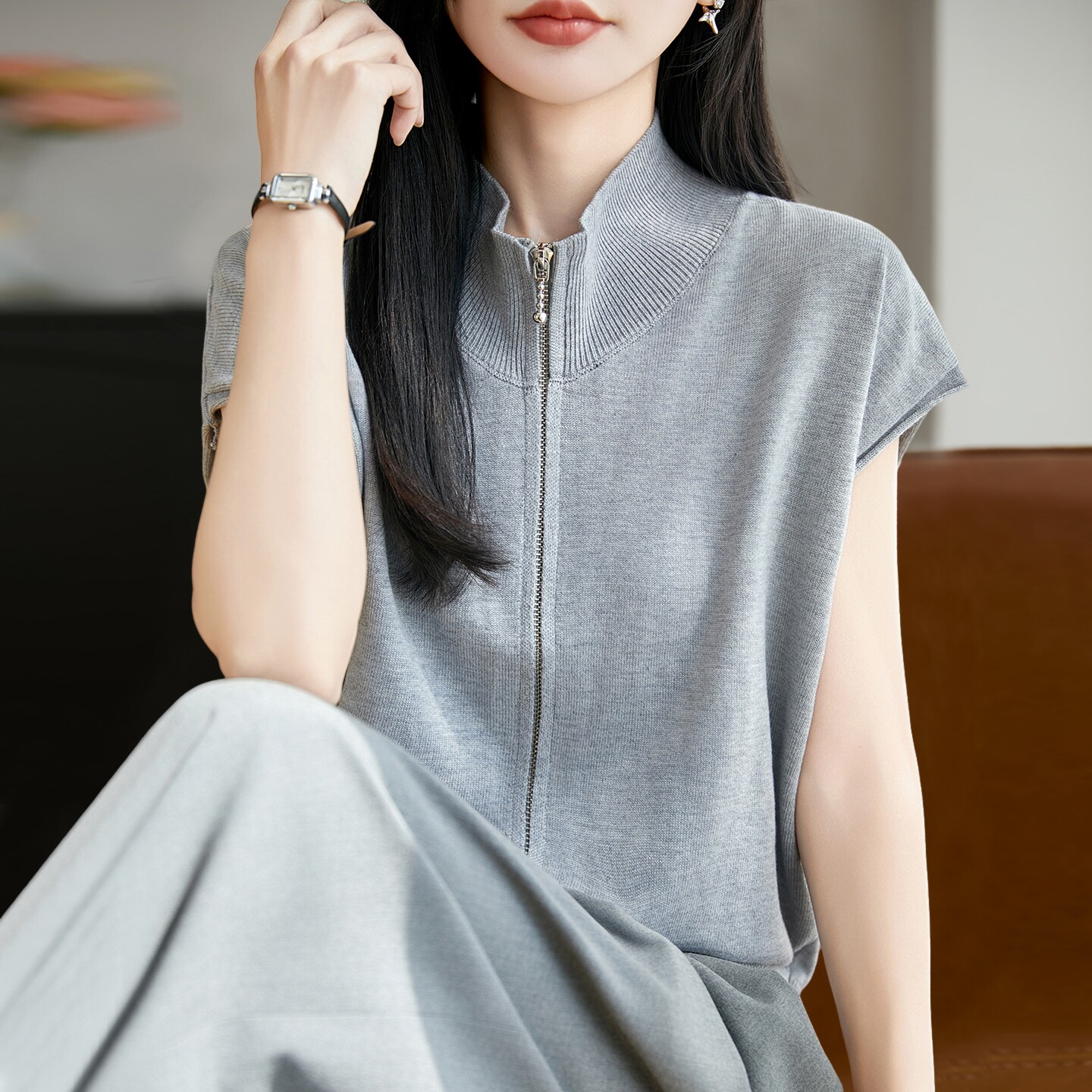 拉夏贝尔 拉链针织短袖t恤开衫女夏季薄款冰丝针织衫大码女装上衣