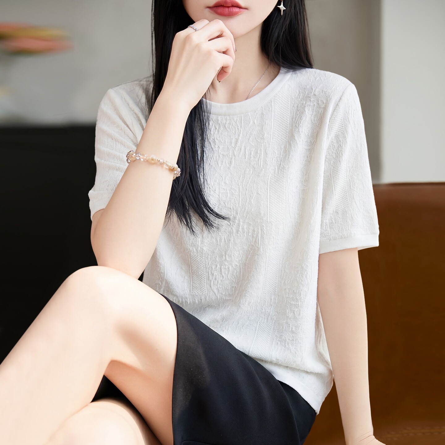 2026新款提花纯色针织短袖t恤女夏季薄款冰丝针织衫大码女装上衣