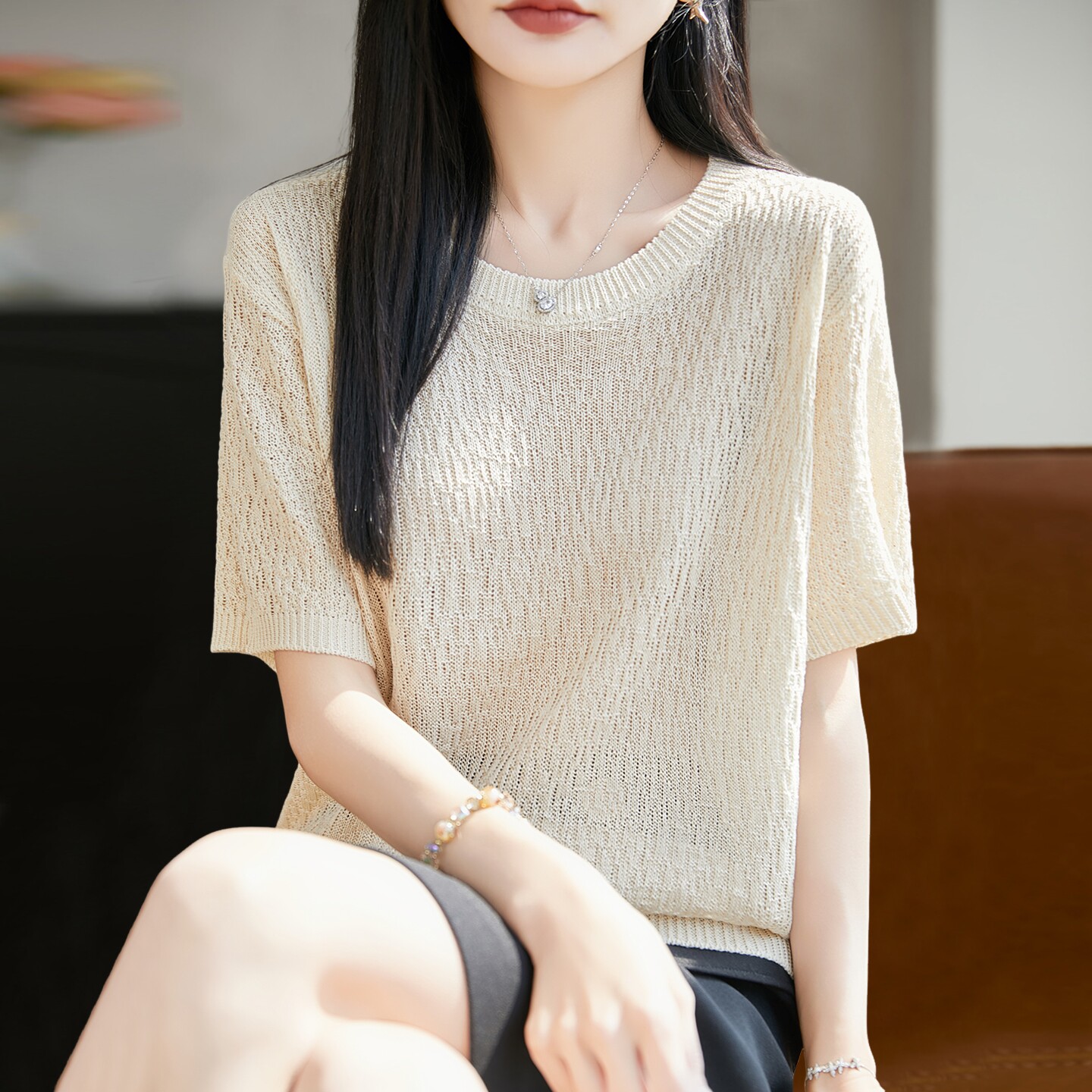 蕾丝镂空针织短袖t恤女夏季薄款冰丝针织衫大码女装上衣