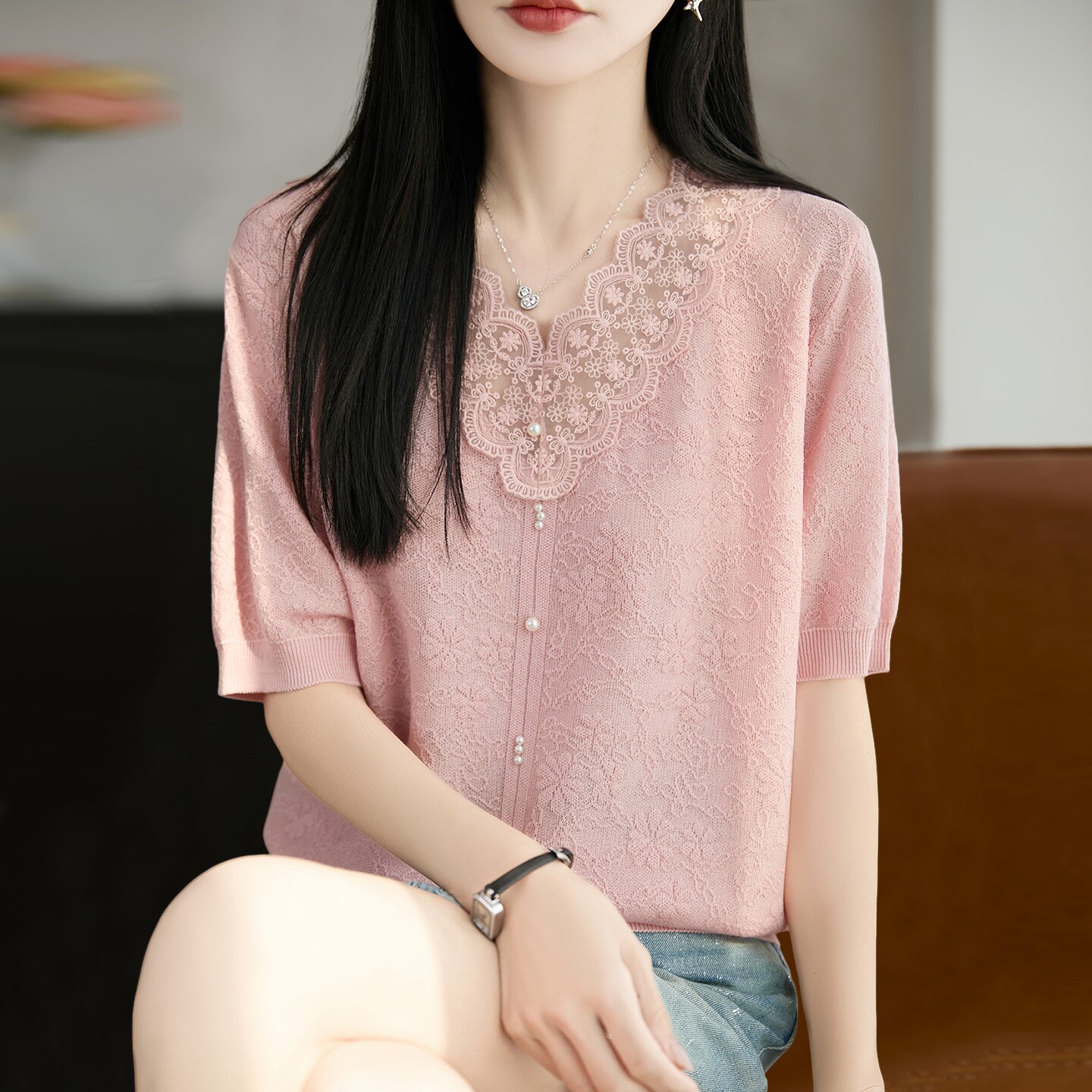 拉夏贝尔 蕾丝镂空针织短袖t恤女夏季薄款冰丝针织衫大码女装上衣