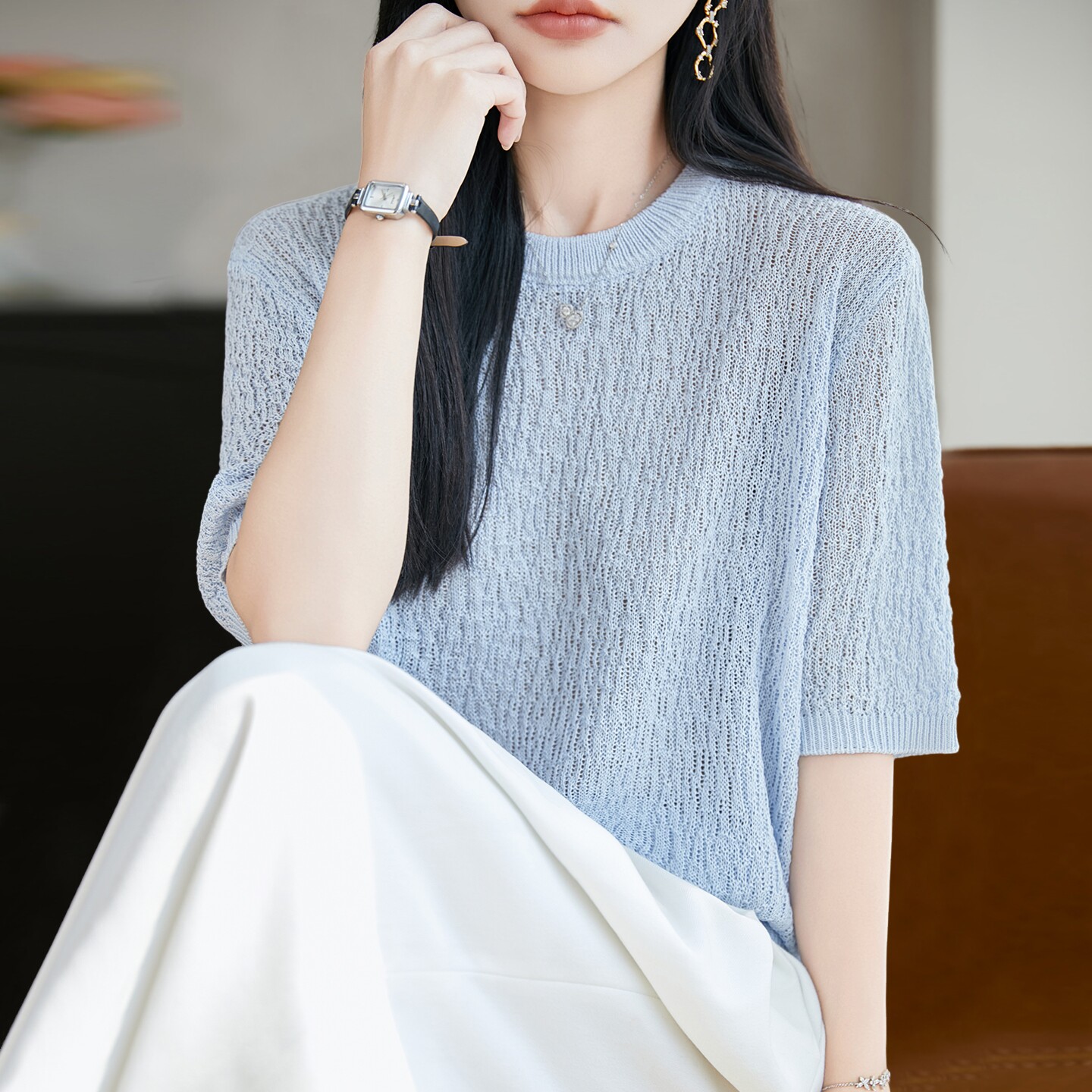 蕾丝镂空针织短袖t恤女夏季薄款冰丝针织衫大码女装上衣