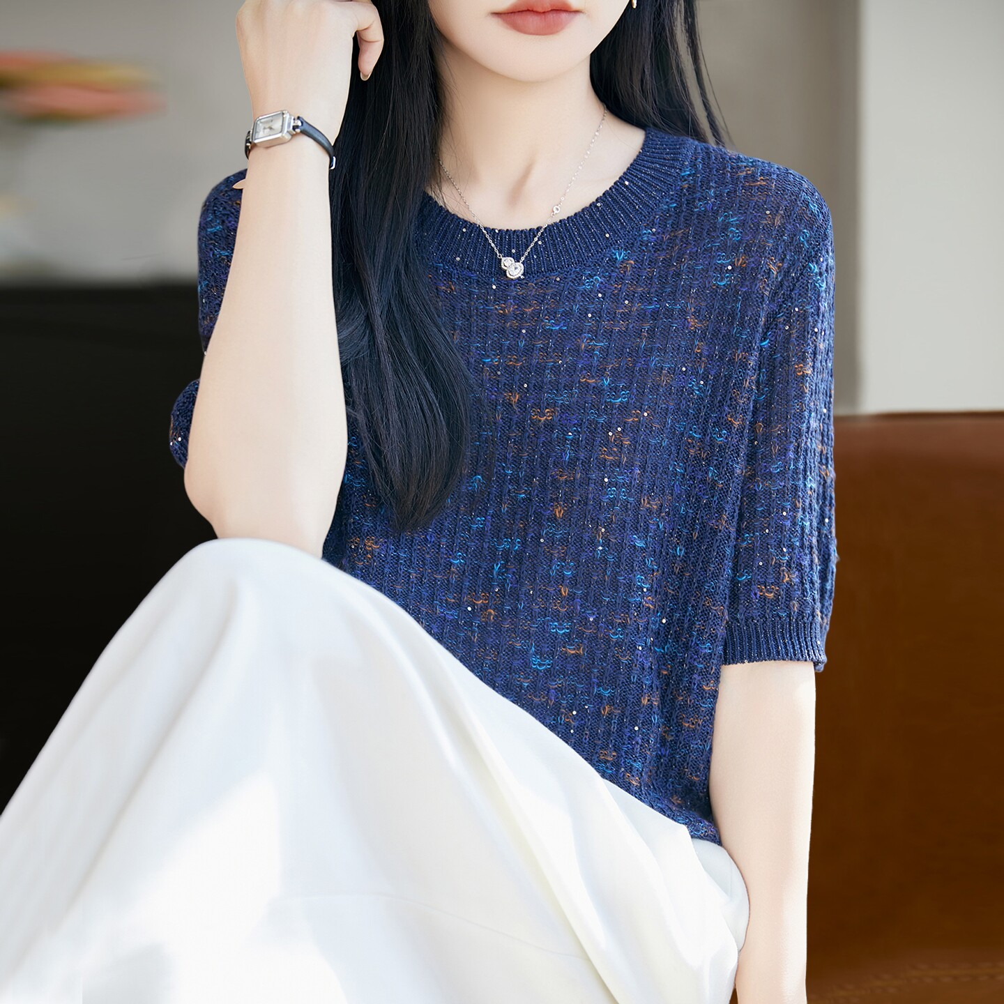 亮片提花针织短袖t恤女夏季薄款冰丝针织衫大码女装上衣