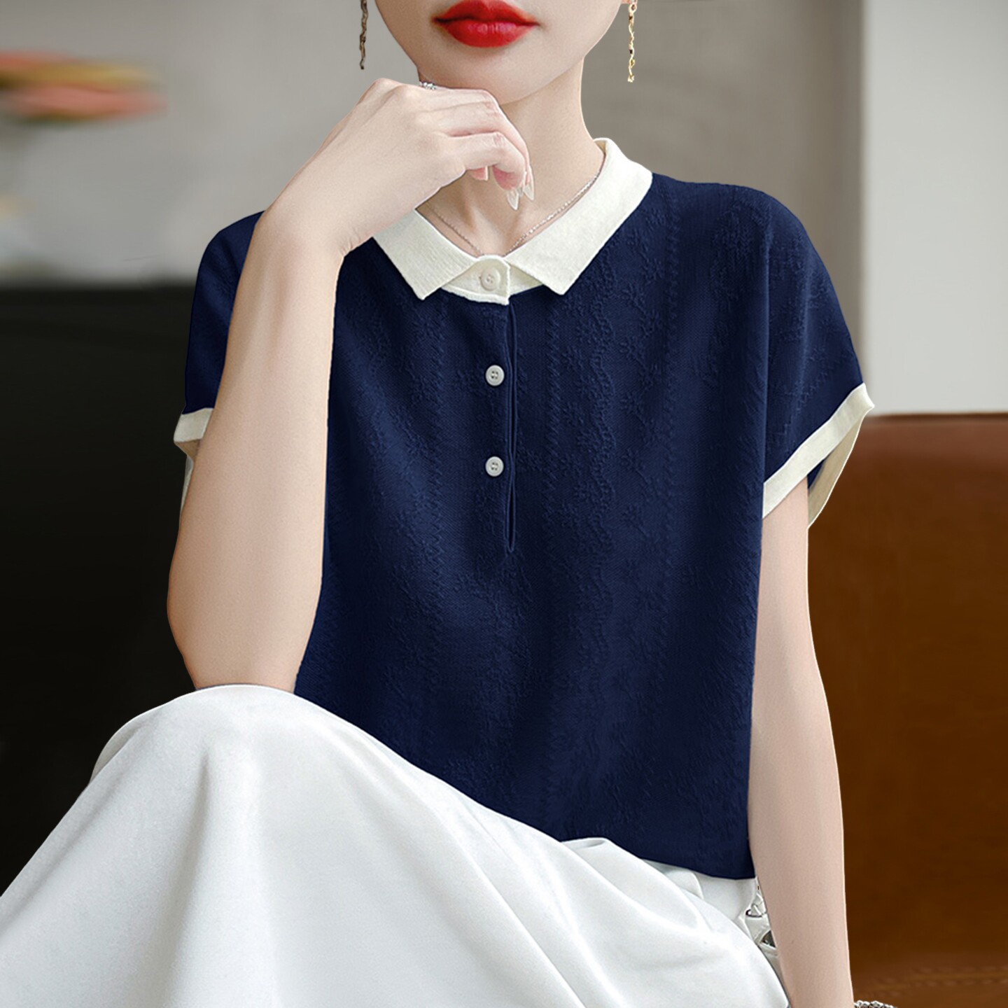 2026新款翻领拼接针织短袖t恤女夏季薄款冰丝针织衫大码女装上衣