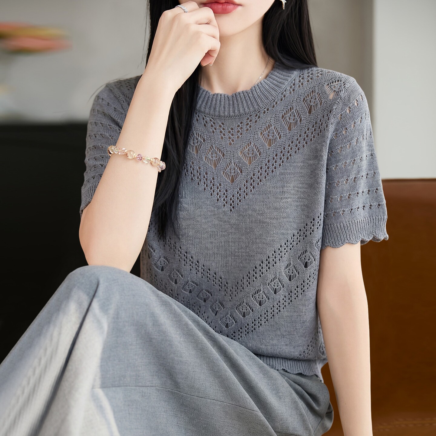 夏季短袖连帽纯色t恤女薄款冰丝针织衫洋气大码女装上衣Q