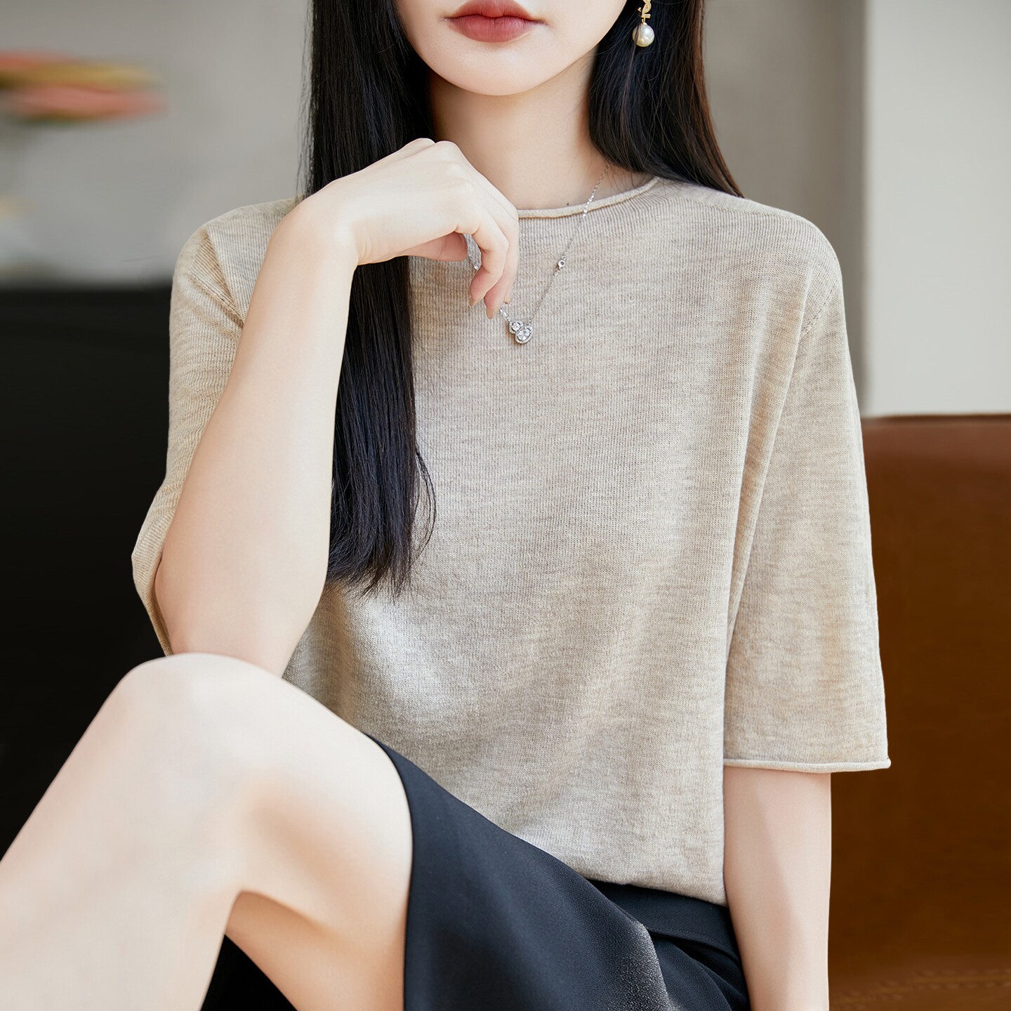 纯色显瘦针织短袖t恤女夏季薄款冰丝针织衫大码女装上衣