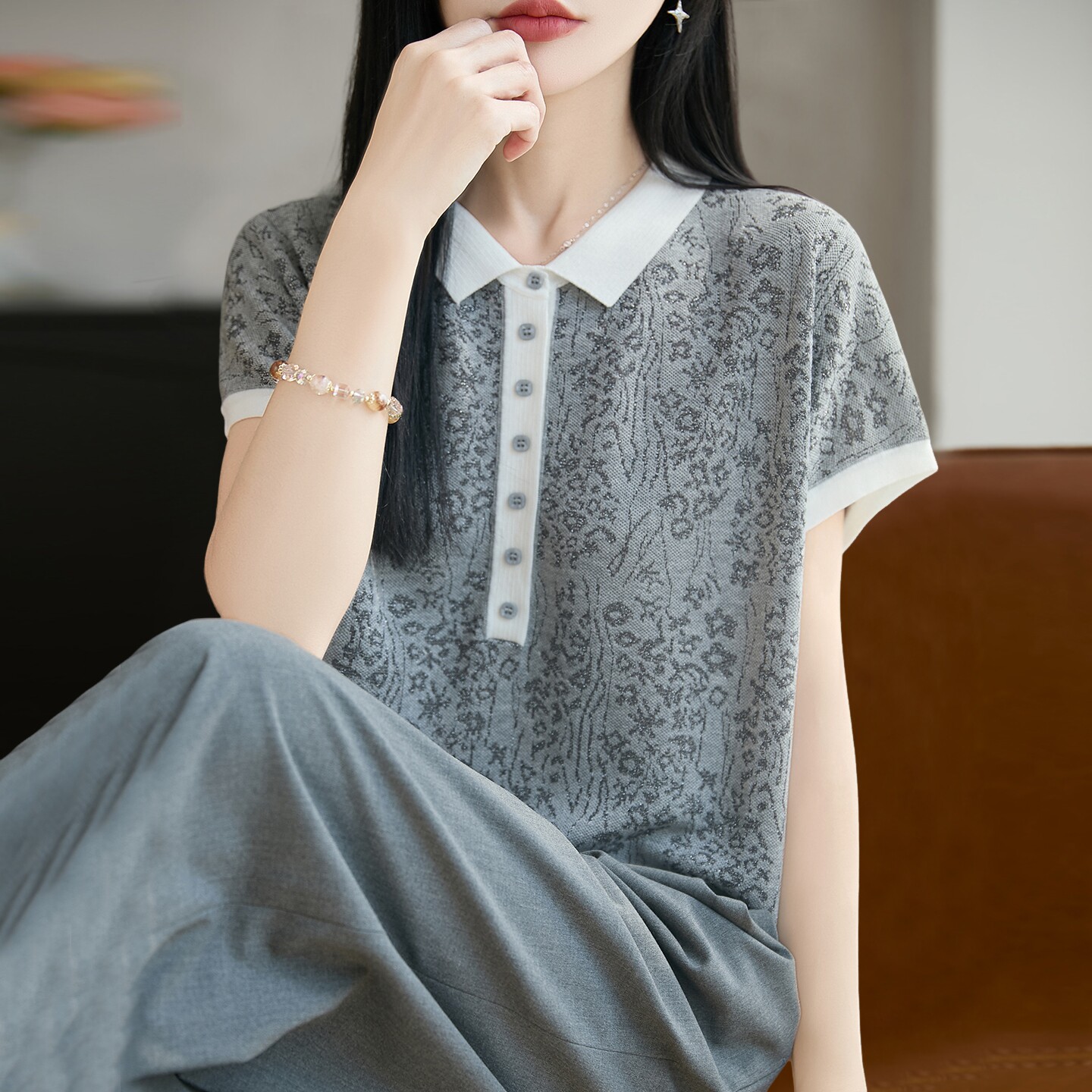 新款亮片时尚针织短袖t恤女夏季薄款冰丝针织衫大码女装上衣