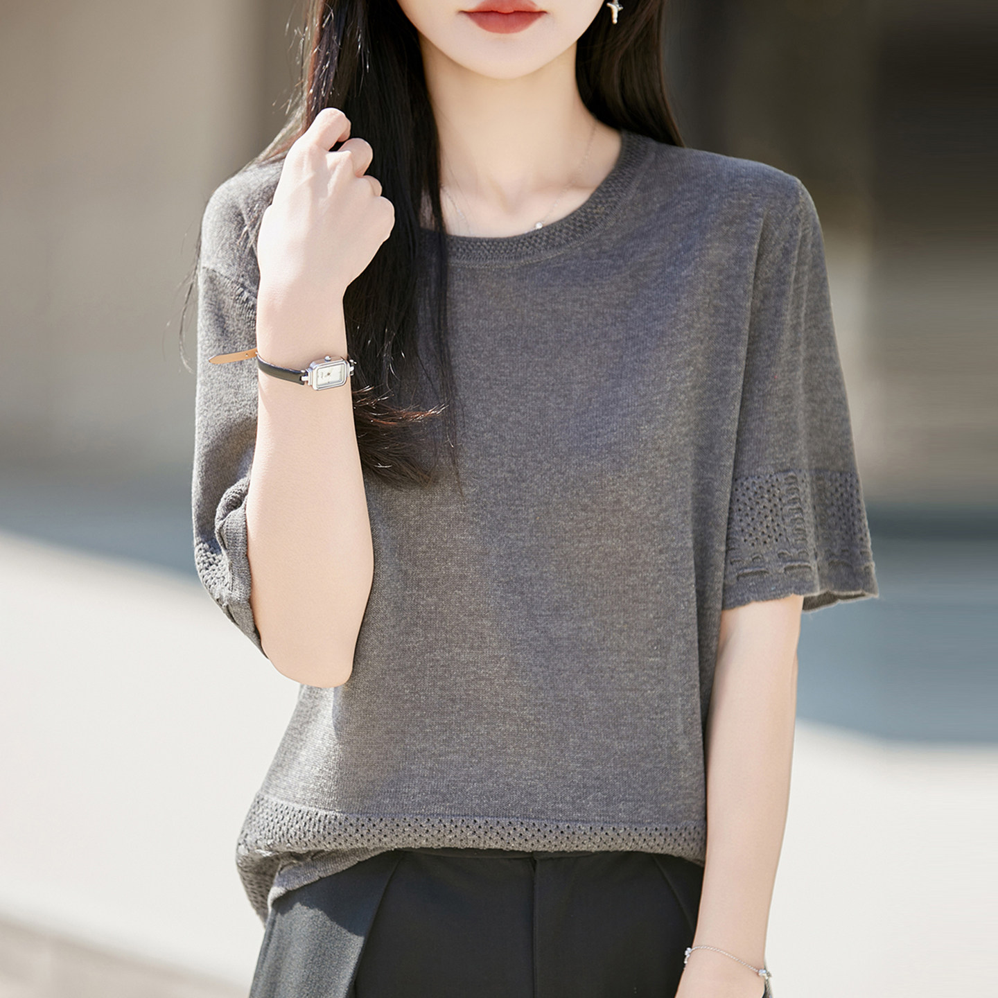 拉夏贝尔 镂空纯色针织短袖t恤女夏季薄款冰丝针织衫大码女装上衣