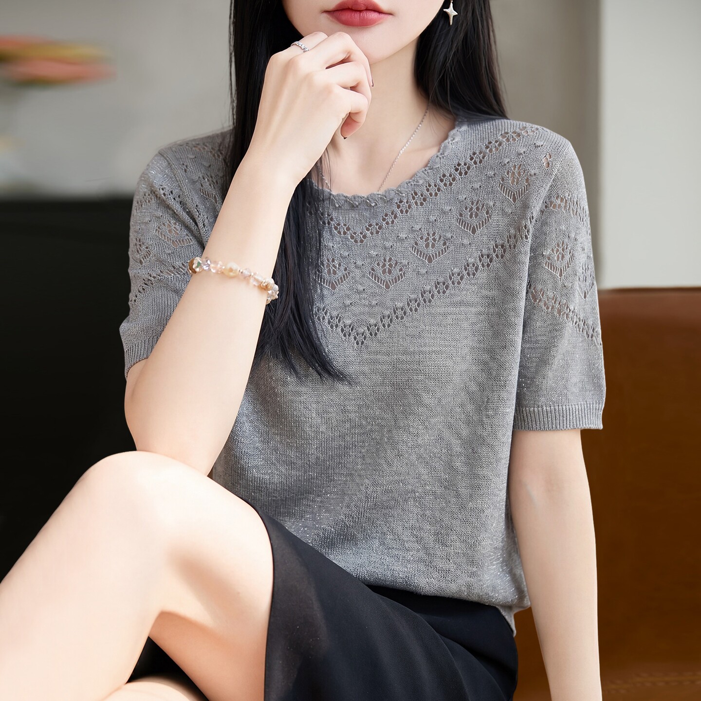 蕾丝镂空针织短袖t恤女夏季薄款冰丝针织衫大码女装上衣