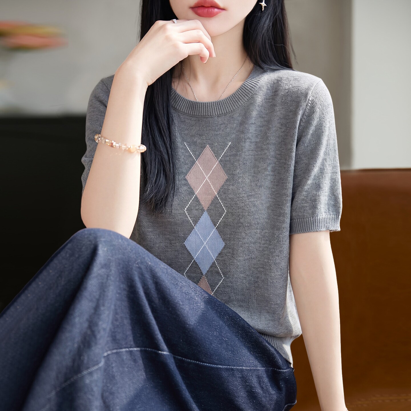菱格提花针织短袖t恤女夏季薄款冰丝针织衫大码女装上衣