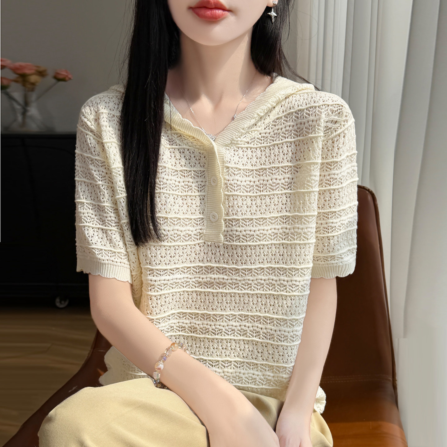 针织镂空连帽短袖t恤女夏季薄款冰丝针织衫大码女装上衣