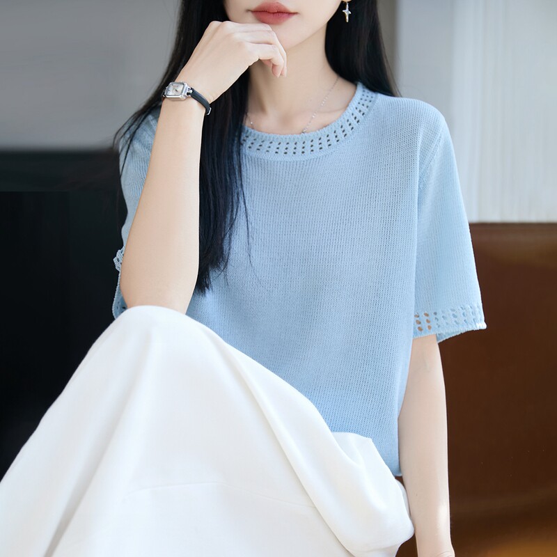 2026新款纯色镂空百搭短袖t恤女夏季薄款冰丝针织衫大码女装上衣