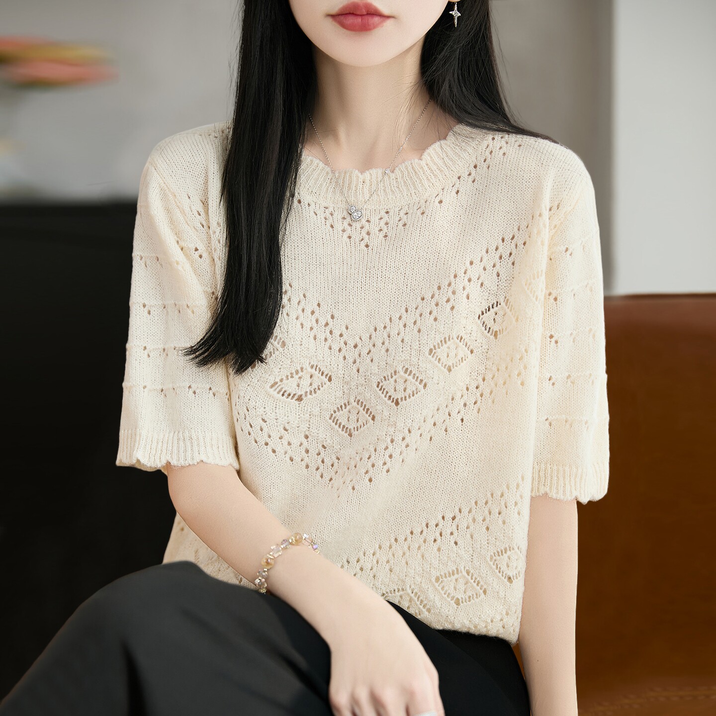 蕾丝镂空针织短袖t恤女夏季薄款冰丝针织衫大码女装上衣