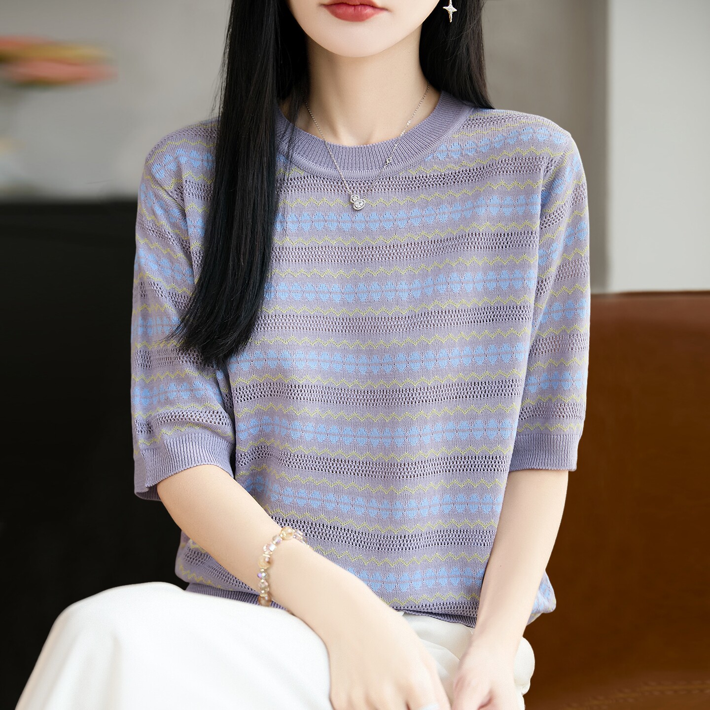 拉夏贝尔 条纹镂空针织短袖t恤女夏季薄款冰丝针织衫大码女装上衣
