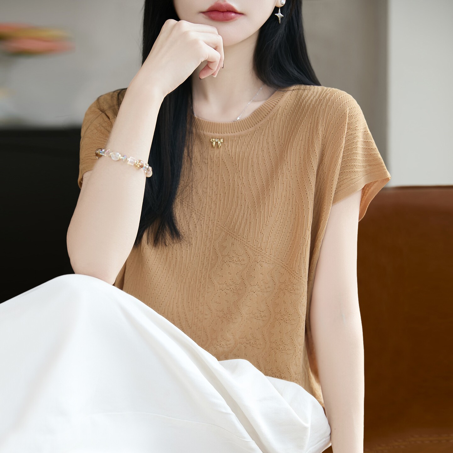 纯色时尚针织短袖t恤女夏季薄款冰丝针织衫大码女装上衣