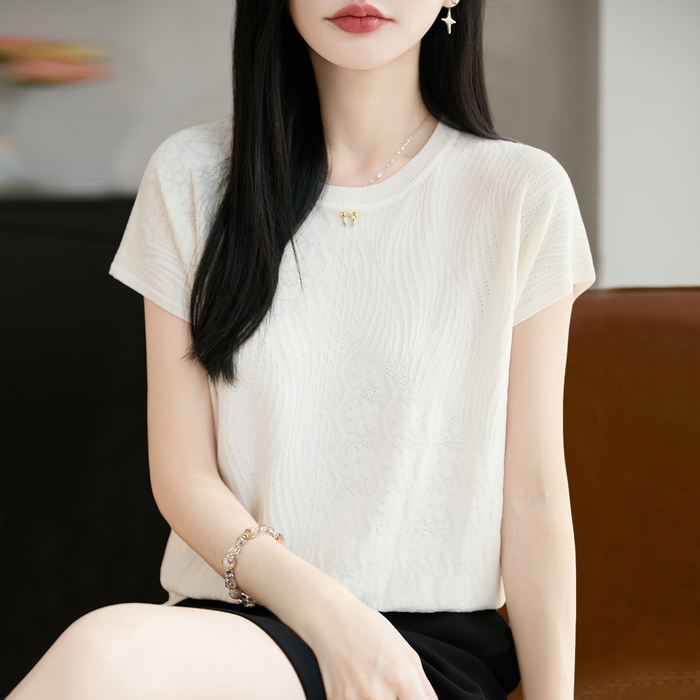 纯色时尚针织短袖t恤女夏季薄款冰丝针织衫大码女装上衣