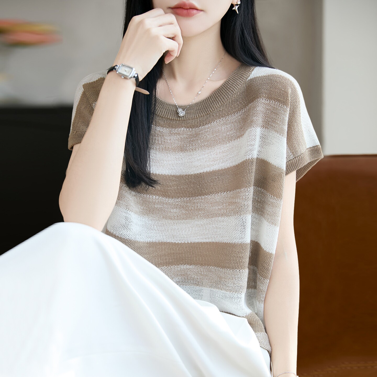 撞色条纹针织短袖t恤女夏季薄款冰丝针织衫大码女装上衣